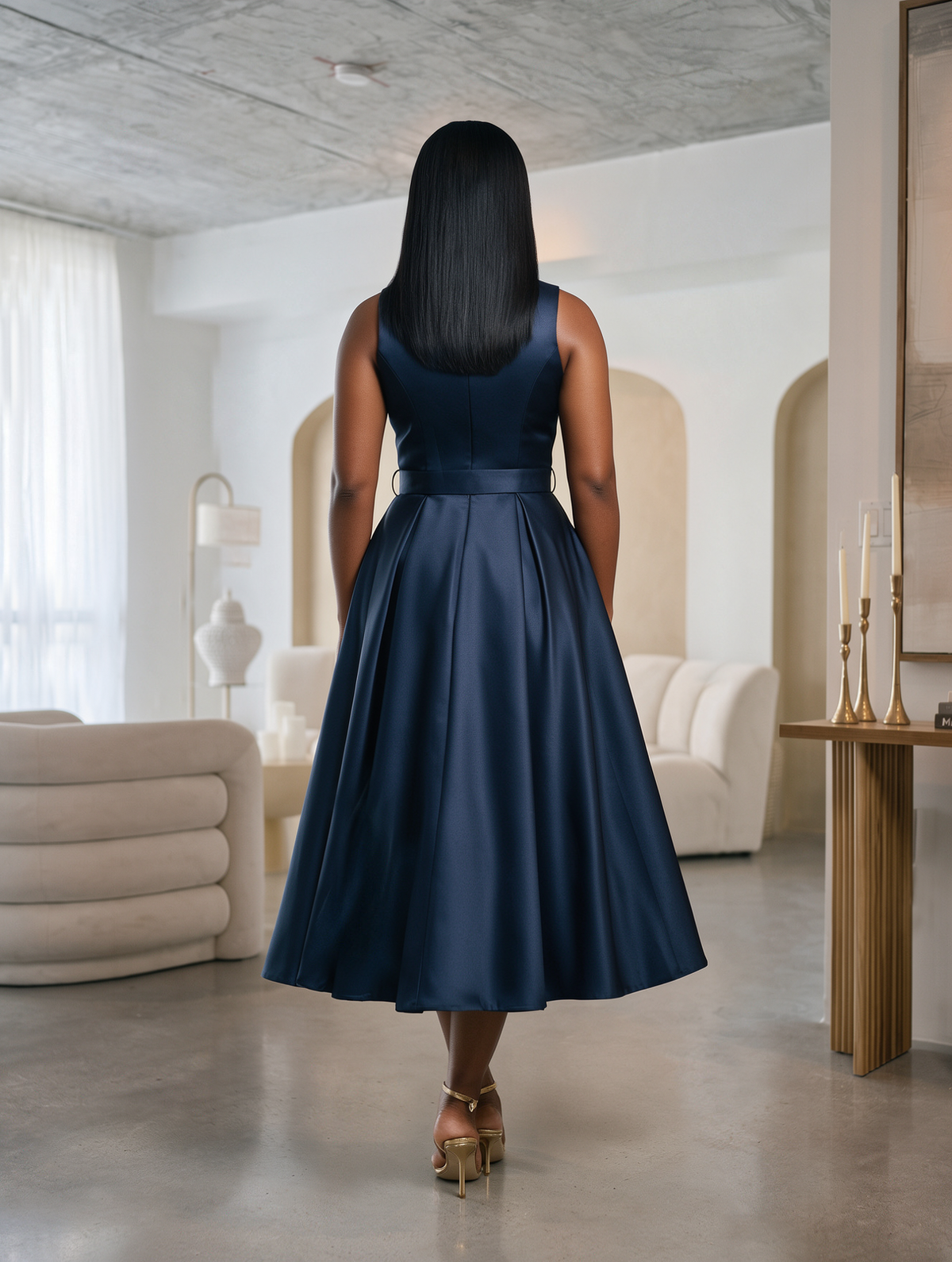 The High-Neck Belted Satin Midi Dress
