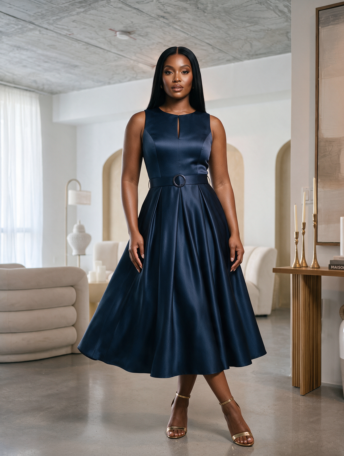 The High-Neck Belted Satin Midi Dress